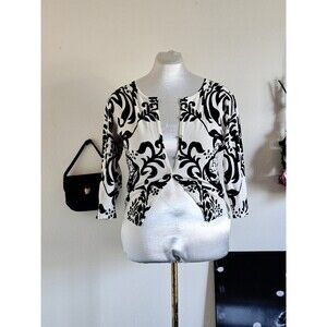 K Jordan Black White Filigree Scroll Rayon 3/4 Sleeve Cardigan L